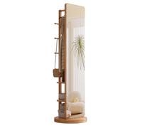 Full Length Mirrors with Coat Rack 360° Rotating Solid Wood Floor Mirror with 6 Hooks and Storage Shelves Full Body Mirror for Bedroom Living Room
