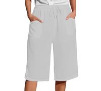 Full Length Pants Casual with Pockets Women's Solid Color Cotton Linen with Drawstring Loose Five Quarter White Trousers Women (White, XL)