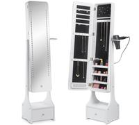 BTFY Mirror Jewellery Cabinet - Free Standing Mirror with Storage - Full Length Tilting Armoire for Bedroom - Jewellery Storage for Earrings, Rings & Necklaces w/ LED Lights, Hair Dryer Ring & Drawer