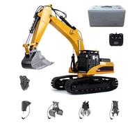 Full Metal 5-in-1 RC Excavator/Crusher/Log Grab/Hydraulic Shear/Claw, 1:14 2.4G 23CH 360° Rotation All Terrains RC Construction Vehicle with Realistic Smoke & LED Lights & Sound Effects