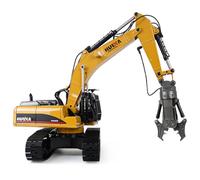 Full Metal 5-in-1 RC Excavator/Crusher/Log Grab/Hydraulic Shear/Claw, 1:14 2.4G 23CH 360° Rotation All Terrains RC Construction Vehicle with Realistic Smoke & LED Lights & Sound Effects