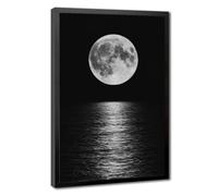 Full Moon Above Calm Ocean With Silver Water Reflection Wall Art, Pure Black Background Monochrome Night Seascape Photography Canvas Printed Posters, Serene Artwork For Bedroom Coastal Cottage C Black