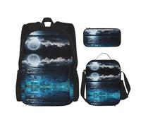 Full Moon and Foggy Clouds with Turquoise School Bag Pencil Case Lunch Bag Combinationbackpack for Kids School Bookbag