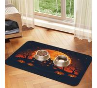 Full Moon and Haunted House Pet Food Mat 17.2x11.81in Absorbent Non-Slip PU Leather Feeding Mat for Dogs Cats Rubber Bottom Fast Drying Rollable Pet Bowl Placemat