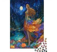 Full Moon And Starry Sky,Rätsel Für Erwachsene 38x26cm/1000pcs,Herausforderungsspiele Elf Girl on The Grass by The Lake