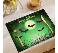 Full Moon Bats Wild Grass Placemats for Dining Table Set of 8 | Dark Halloween Washable Heat-Resistant Placemats Decor for Kitchen Indoor Outdoor Patio Party 45x30cm