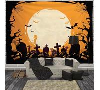 Full Moon Cemetery Tapestry Pumpkin Bat Wall Hanging Backdrop Wall Art Orange Home Decor for Halloween Party Decor Portrait Photo Booth Props