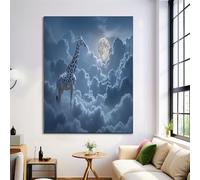 Full Moon Clouds Giraffe Cartoon Painting On Canvas Living Bedroom, Large Size Print Posters Picture Dark Blue Wall Art Modern Home Decoration 28x39in Frameless