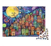 Full Moon Colorful Houses 1000 Piece Jigsaw Puzzle Jigsaw Puzzle for Adults Night View Puzzle Game for Family Relaxing Focus Home Decor Gift 52x38cm/1000pcs
