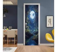Full Moon Door Stickers for Interior Doors - Dreamy Night Scene ForestDoor Mural Peel and Stick Self-Adhesive Removable for Bedroom, Living Room, House Decoration 90x210cm