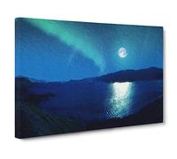 Full Moon During The Northern Lights Canvas Print | Gallery Wrapped 30mm Frame Wall Art | 24x16 inches | Ready to Hang | Modern Space Picture | Living Room Bedroom Lounge Office