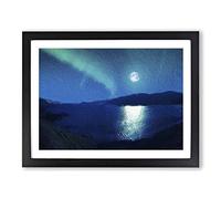 Full Moon During The Northern Lights Modern Art Framed Print | A4 Black Framed Wall Art | Ready to Hang | Modern Space Picture | Living Room Bedroom Lounge Office