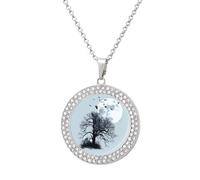Full Moon Flock Of Birds Tree Personalized Picture Pendant Necklace Customized Memorial Jewelry for Women