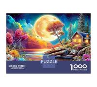 Full Moon Flower Field Puzzle 1000Pc Fantasy Night Scene Jigsaw Puzzles Challenging Family Activity Games High Difficulty 100% Recycled Cardboard Wall Decor 38x26cm/1000pcs