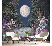 Full Moon Flower Forest Wallpaper, Oil Painting Landscape Mural Wallpaper For Living Room, Retro Bedroom Wall Paper, Not Self Adhesive Dark Blue 3D Large Wall Mural Home Decor Poster, 250X175Cm