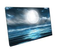 Full Moon Glowing Above The Dark Ocean Reflecting In The Sea Below Night Seascape Wall Art Print On Canvas Picture For Home Office Decor 91x61cm (36x24In)
