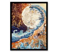 Full Moon Great Ocean Wave Modern Art Gold Framed Art Print Artery8 Brown A4