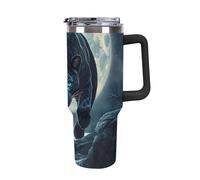 Full Moon Leopard with Blue Eyes Insulated Tumbler with Lid Handle Coffee Mug Stainless Steel Water Bottle for Car Travel Office
