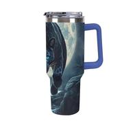 Full Moon Leopard with Blue Eyes Insulated Tumbler with Lid Handle Coffee Mug Stainless Steel Water Bottle for Car Travel Office