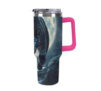Full Moon Leopard with Blue Eyes Insulated Tumbler with Lid Handle Coffee Mug Stainless Steel Water Bottle for Car Travel Office