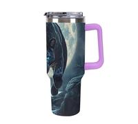 Full Moon Leopard with Blue Eyes Insulated Tumbler with Lid Handle Coffee Mug Stainless Steel Water Bottle for Car Travel Office