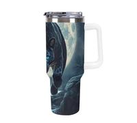 Full Moon Leopard with Blue Eyes Insulated Tumbler with Lid Handle Coffee Mug Stainless Steel Water Bottle for Car Travel Office