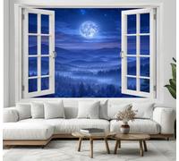 Full Moon Mist Forest Window View Wall Tapestry, 150x100 cm Wall Hanging Tapestries Realistic Night Scene In The Mist Poster Mural Covering for Bedroom Aesthetic Living Room Dorm Party, Ice Blue
