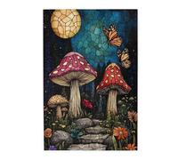Full Moon Mushroom Forests with Butterflies 500 Piece Adults Wooden Jigsaw Puzzle,Starry Sky & Mountains Backdrop,Magical Nature Artwork,Holiday Stress Relief Entertainment Game