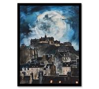 Full Moon Night Edinburgh Castle Conceptual Art Framed Wall Art Artery8 Blue A4