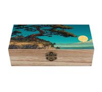 Full Moon Over Ocean Pine Tree Wooden Keepsake Box Retro Rectangle Storage Lock Box Decor for Home