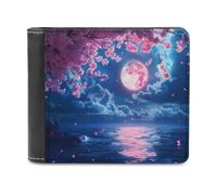 Full Moon Over Sea Cherry Flowers Printed Bifold Wallet with Hidden Compartments Pocket Money and Credit Card Holder for Men Women