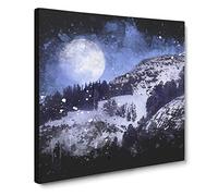 Full Moon Over The Mountains Paint Splash Canvas Print | Gallery Wrapped 30mm Frame Wall Art | 14x14 inches | Ready to Hang | Modern Space Picture | Living Room Bedroom Lounge Office