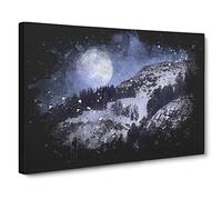 Full Moon Over The Mountains Paint Splash Canvas Print | Gallery Wrapped 30mm Frame Wall Art | 24x16 inches | Ready to Hang | Modern Space Picture | Living Room Bedroom Lounge Office