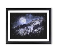 Full Moon Over The Mountains Paint Splash Modern Art Framed Print | A2 Black Framed Wall Art | Ready to Hang | Modern Space Picture | Living Room Bedroom Lounge Office