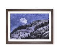 Full Moon Over The Mountains Painting Framed Print | A2 Walnut Framed Wall Art | Ready to Hang | Modern Space Picture | Living Room Bedroom Lounge Office