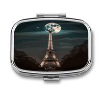 Full Moon Paris Eiffel Tower Pill Box Medicine Pill Organizer Small Pill Case Travel Pill Container Portable Pill Case for Pocket 2 Compartment Pill Holder Pill Boxes for Travel