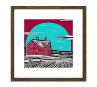 Full Moon Red House Farm Land Ink Stamp Linocut Illustration Square Wooden Framed Wall Art Print Picture 8X8 Inch Artery8 Brown One Size