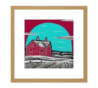 Full Moon Red House Farm Land Ink Stamp Linocut Illustration Square Wooden Framed Wall Art Print Picture 8X8 Inch Artery8 Light Oak One Size
