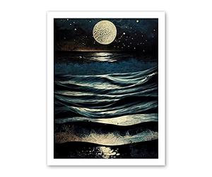 Full Moon Rising Over Clear Night Sky Tidal Waves Artwork Framed Wall Art Print 18X24 Inch