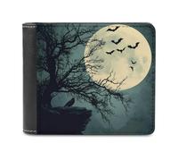 Full Moon with Bats Crow Leather Men's Bifold Wallet Minimalist Credit Card Holder Simple Coin Purse with Hidden Slots