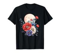 Full Moon with Red White Blue Vintage Flowers T-Shirt