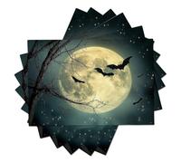 Full Moon Withered Branches Bats Placemats 45x30cm Set of 6 | Dark Halloween Washable and Waterproof Placemats for Halloween Party Kitchen Dining Decoration, Gray-Blue