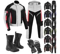 Full Motorcycle Riding Gear Set - 4-Season Armoured WaterproofJacket CE Armoured Trousers Knee & hip Removable Thermal Liner With Long Boots & Protective Gloves -Biker Protection Kit (SILVER, L)
