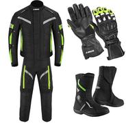 Full Motorcycle Riding Gear Set - 4-Season Armoured WaterproofJacket CE Armoured Trousers Knee & hip Removable Thermal Liner With Long Boots & Protective Gloves -Biker Protection Kit (GREEN, L)