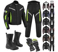 Full Motorcycle Riding Gear Set - 4-Season Armoured WaterproofJacket CE Armoured Trousers Knee & hip Removable Thermal Liner With Long Boots & Protective Gloves -Biker Protection Kit (GREEN, M)