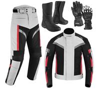 Full Motorcycle Riding Gear Set - 4-Season Armoured WaterproofJacket CE Armoured Trousers Knee & hip Removable Thermal Liner With Long Boots & Protective Gloves -Biker Protection Kit (SILVER, L)