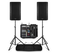 Full Passive PA System with 15'' Vonyx VSA15P Passive Speakers, 6-Channel Power Mixer & Wireless Mics | Portable Mixer PA Amplifier, Bluetooth, and Speaker Stands Included