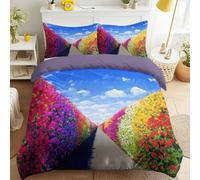 Full Pathway Flower Printed Bedding Sky White Cloud Non Iron Duvet Cover Hyper Realistic Oil Painting Vibrant Bright Airy Breathable Easy Care Bedding & 2 Pillowcases Women Girls Adults