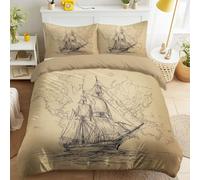 Full Pencil Old Sailing Ship Nautical Map Map Printed Bedding Vintage Delicate Non Iron Duvet Cover Line Art Historical Feel Breathable Easy Care Bedding & 2 Pillowcases Teenagers
