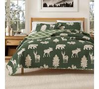 Full/Queen Bed Cover with 2 Pillowcases 3-Piece Reversible All-Year Mountain House Set Rustic Rio Ridge Collection Forest Green